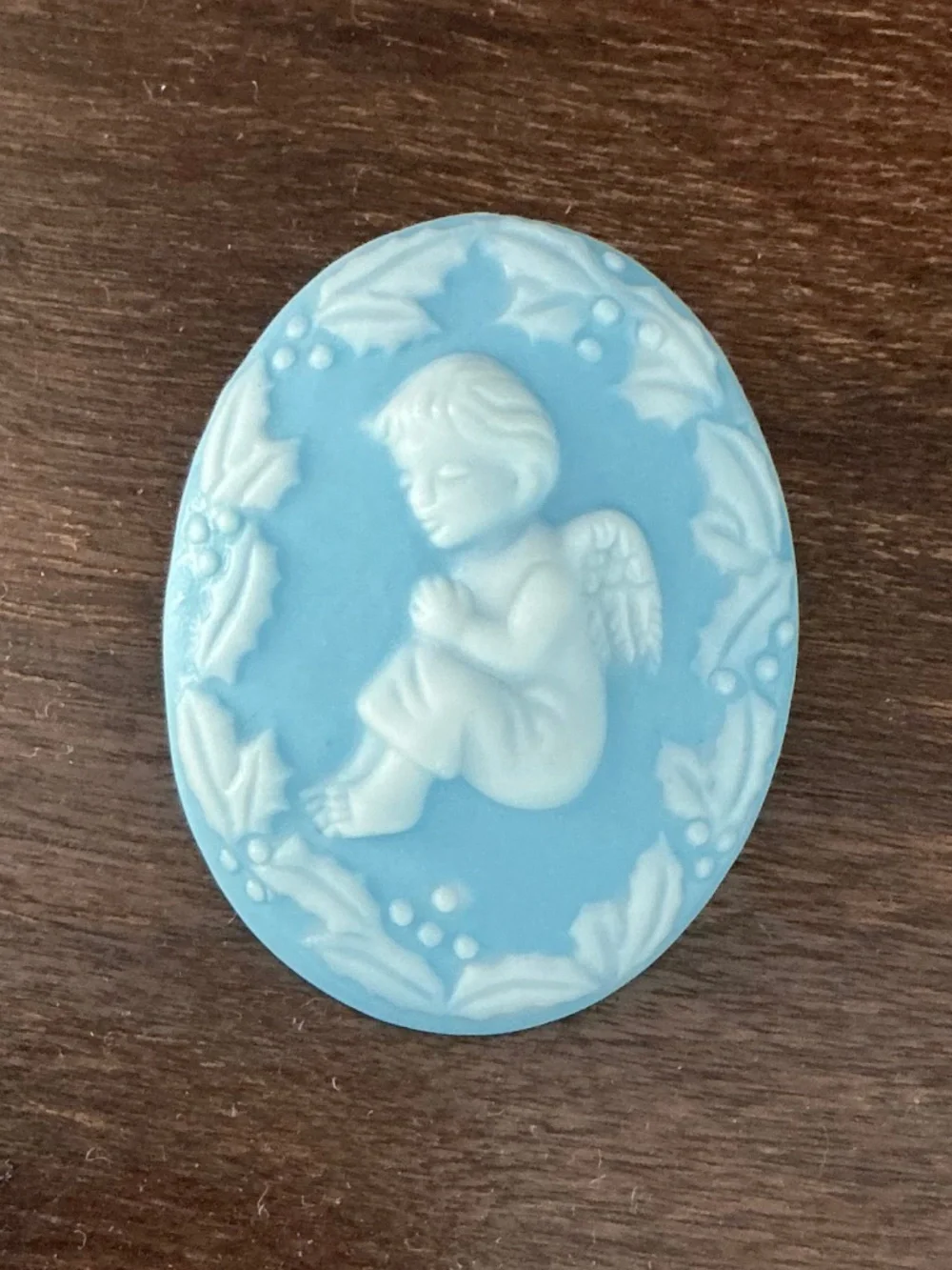 Vintage KD Signed Jasperware Style Brooch Blue White Sleeping Baby Angel Cherub